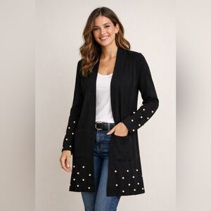 •	Zara Knit Black Longline Cardigan w/ Pearl Stud Details – Size S